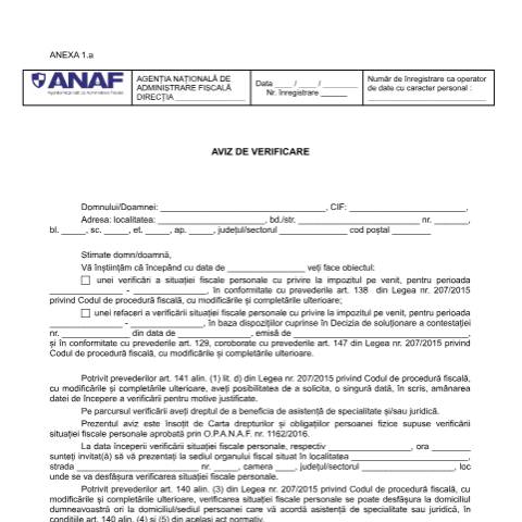 Document preview: Aviz de verificare (OPANAF 2117/2018) — Documente emise, România (CERFA n°A1_OPANAF_2117_2018)