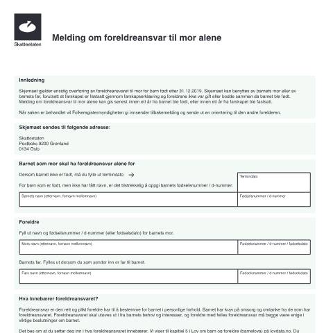 Document preview: Avtale om foreldreansvar — Skatteetaten / Skjema for å endre foreldreansvar., Norge (CERFA n°Q-0199)
