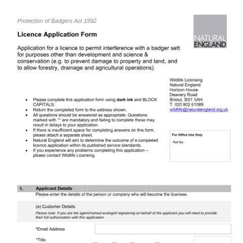 Document preview: Badgers: licence to interfere with setts and to prevent damage (A01 and LR01) — Natural England, United Kingdom