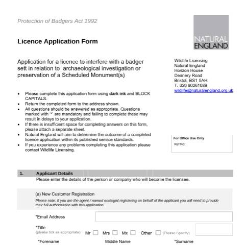 Document preview: Badgers: licence to interfere with setts in relation to scheduled monuments (A26 and LR26) — Natural England, United Kingdom