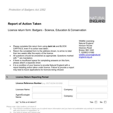 Document preview: Badgers: report action taken under a survey or research licence — Natural England, United Kingdom