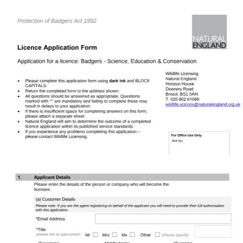 Document preview: Badgers: survey or research licence (A25) — Natural England, United Kingdom