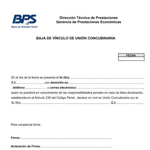 Vista previa del documento Baja de Vínculo Unión Concubinaria — BPS - Formularios De Activos, Uruguay