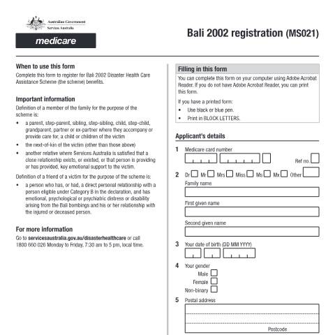 Document preview: Bali 2002 registration — Services Australia — Individuals (by code), Australia (CERFA n°MS021)