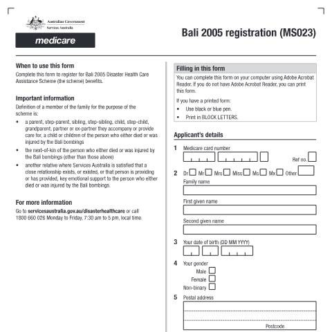 Document preview: Bali 2005 registration — Services Australia — Individuals (by code), Australia (CERFA n°MS023)