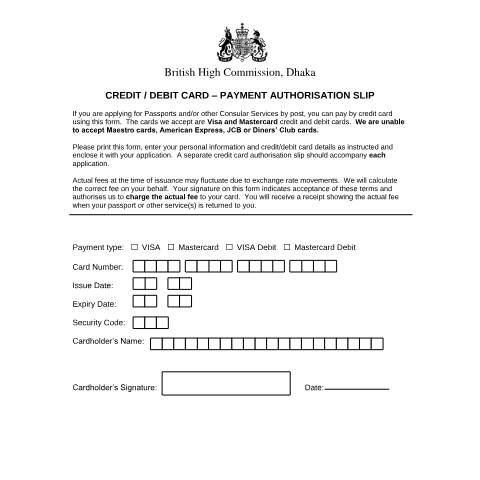 Document preview: Bangladesh: credit/debit card payment authorisation slip — Foreign & Commonwealth Office, United Kingdom