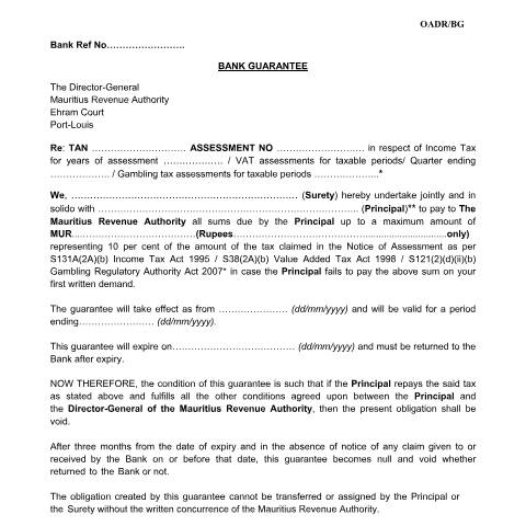 Document preview: Bank Guarantee - OADR / BG — Document, Mauritius (CERFA n°BankGuaranteeSpecimen300615)