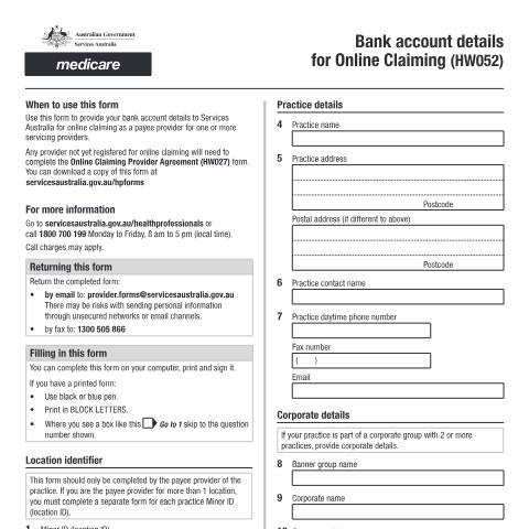 Document preview: Banking details online claiming form (HW052) — Services Australia — Health professionals, Australia (CERFA n°HW052)