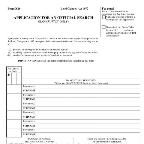 Document preview: Bankruptcy official search: application (K16) — HM Land Registry, United Kingdom