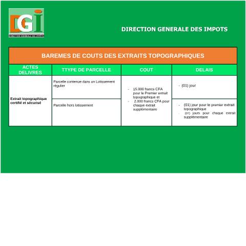 Aperçu du document Bareme de couts des extraits topographiques certifies et securises — Transfert de propriété, Côte d'Ivoire