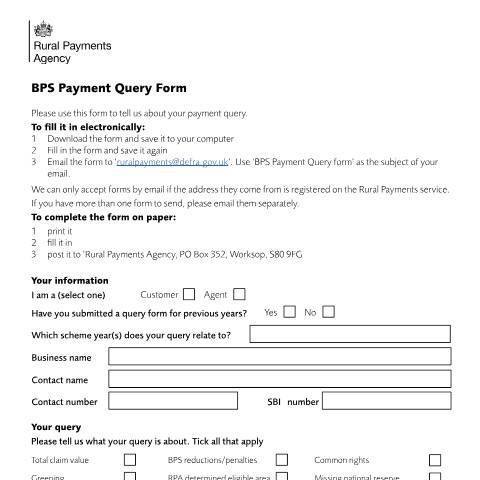 Document preview: Basic Payment Scheme: payment query form — Rural Payments Agency, United Kingdom
