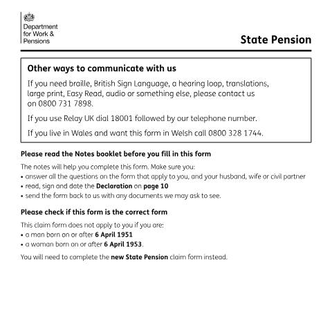 Document preview: The basic State Pension claim form — Department for Work and Pensions, United Kingdom