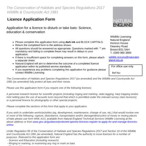 Document preview: Bats: licence to disturb or take bats for science or conservation (A34, Class-A34 and LR34) — Natural England, United Kingdom