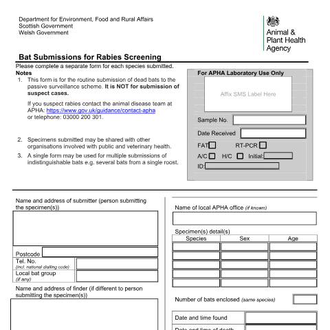 Document preview: Bats: submission for rabies screening — Animal and Plant Health Agency, United Kingdom