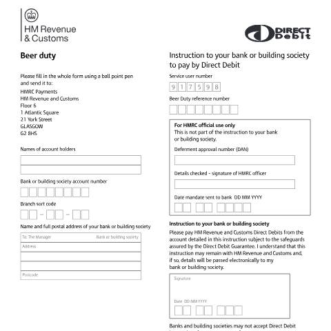 Document preview: Beer Duty: Direct Debit form (CAT Beers 23) — HM Revenue & Customs, United Kingdom