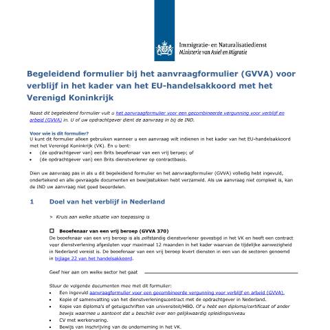 Documentvoorvertoning: Begeleidend formulier bij het aanvraagformulier (GVVA) voor verblijf in het kader van het EU-handelsakkoord met het Verenigd Koninkrijk — IND — immigratie, Nederland (CERFA n°7072)