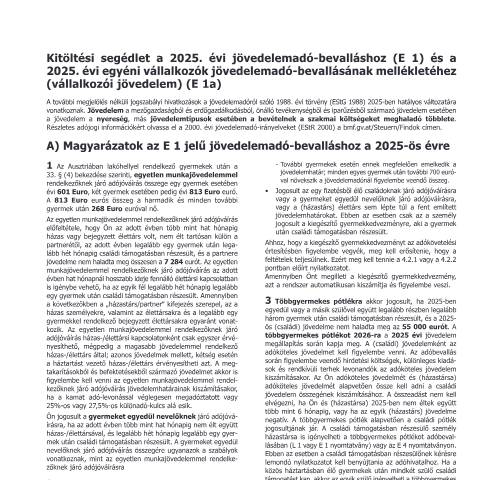 Dokumentvorschau: E2-HU — Kitöltési segédlet a 2025. évi jövedelemadó-bevalláshoz (E 1) és a 2025. évi egyéni vállalkozók jövedelemadó-bevallásának mellékletéhez (vállalkozói jövedelem) (E 1a) — Steuern, Österreich (CERFA n°E2-HU)