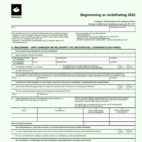Document preview: Limitation of deduction for interest between related entities (DISCONTINUED) — Skatteetaten / Forms, Norge (CERFA n°RF-1315)