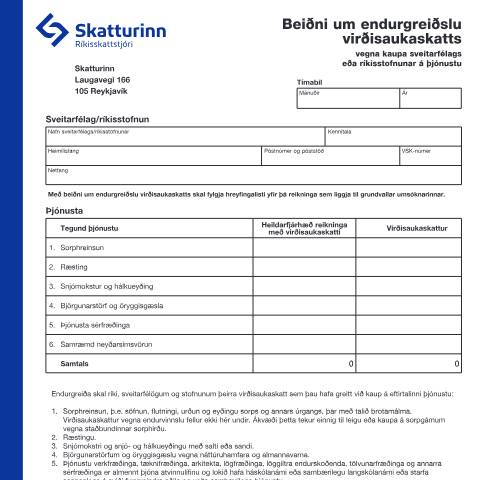 Document preview: Beiðni um endurgreiðslu virðisaukaskatts, vegna kaupa sveitarfélags eða ríkisstofnunar á þjónustu — Einstaklingar, Ísland (CERFA n°RSK 10.23)