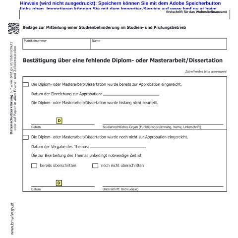 Dokumentvorschau: Beih14c — Bestätigung über eine fehlende Diplom- oder Masterarbeit/Dissertation — Steuern, Österreich (CERFA n°Beih14c)