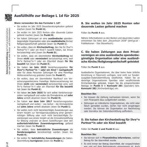 Dokumentvorschau: L1d-Erl — Ausfüllhilfe zur Beilage L 1d für 2025 — Steuern, Österreich (CERFA n°L1d-Erl)