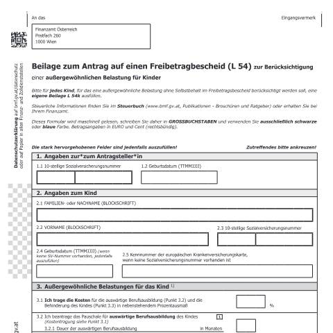 Dokumentvorschau: L54k — Beilage zum Antrag auf einen Freibetragsbescheid (L 54) zur Berücksichtigung einer außergewöhnlichen Belastung für Kinder — Steuern, Österreich (CERFA n°L54k)
