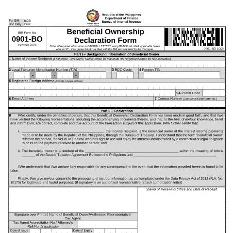 Document preview: BIR Form No. 0901-BO Beneficial Ownership Declaration Form — Application Forms, Philippines (CERFA n°0901-BO)