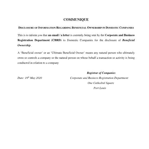 Document preview: COMMUNIQUE BO 19.05.2020 (2) — Notice / Circular, Mauritius (CERFA n°COMMUNIQUE-BO-19.05.2020-2-1)