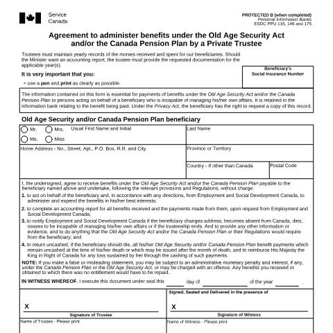 Document preview: Agreement to administer benefits under the Old Age Security Act and/or the Canada Pension Plan by a Private Trustee — Income Security Programs, Canada (CERFA n°ISP3506CPP)
