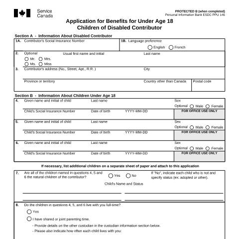Document preview: Application for Benefits for Under Age 18 Children of Disabled Contributor — Income Security Programs, Canada (CERFA n°ISP1152)
