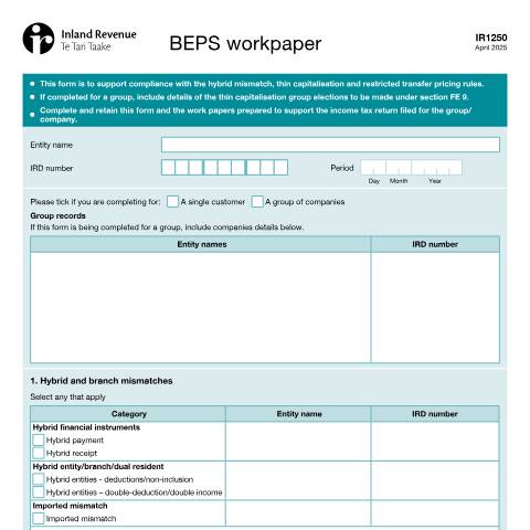 Document preview: BEPS disclosure preparation — International, New Zealand (CERFA n°IR1250)
