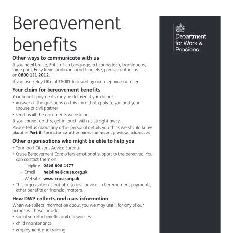 Document preview: Bereavement benefits claim form — Department for Work and Pensions, United Kingdom