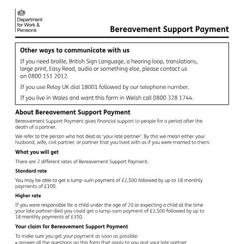 Document preview: Bereavement Support Payment claim form — Department for Work and Pensions, United Kingdom