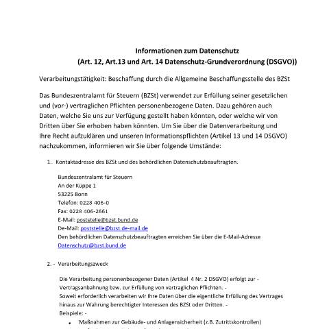 Dokumentvorschau: Beschaffung_allgemeine_Beschaffung — BZSt/Informationen_zum_Datenschutz, Deutschland (CERFA n°Beschaffung_allgemeine_Beschaffung)