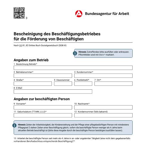 Dokumentvorschau: fbw-bescheinigung-betrieb-82-sgbiii_ba042104 — Öffnet in neuem Tab Bescheinigung Betrieb FbW Bescheinigung des Beschäftigungsbetriebes für die Förderung von Beschäftigten pdf | 204.62 KB | barrierefrei — Familienkasse/fbw, Deutschland (CERFA n°fbw-bescheinigung-betrieb-82-sgbiii_ba042104)