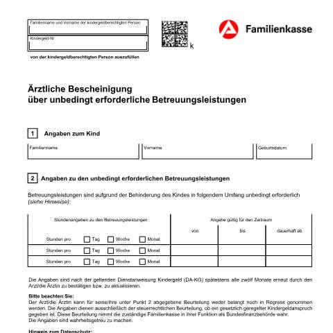 Dokumentvorschau: bescheinigungbetreuung_ba032760 — Öffnet in neuem Tab Bescheinigung für das Kindergeld über unbedingt erforderliche Betreuungsleistungen (KG 4k) Ärztliche Bescheinigung über unbedingt erforderliche Betreuungsleistungen für ein volljähriges Kind mit Behinderung zur Vorlage bei der Familienkasse pdf | 1.24 MB | barrierefrei — Familienkasse/bescheinigungbetreuung, Deutschland (CERFA n°bescheinigungbetreuung_ba032760)