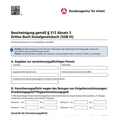 Dokumentvorschau: bescheinigung-p312-abs3_ba022395 — Öffnet in neuem Tab Bescheinigung zur Versicherungspflicht im Bereich SGB III Formular für Leistungsträger / private Krankenversicherungsunternehmen pdf | 226.83 KB | barrierefrei — Familienkasse/bescheinigung, Deutschland (CERFA n°bescheinigung-p312-abs3_ba022395)