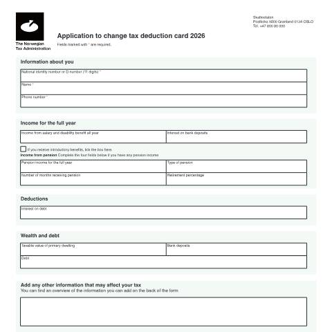 Document preview: RF-1102 Order a tax deduction card — Skatteetaten / Forms, Norge (CERFA n°RF-1102)