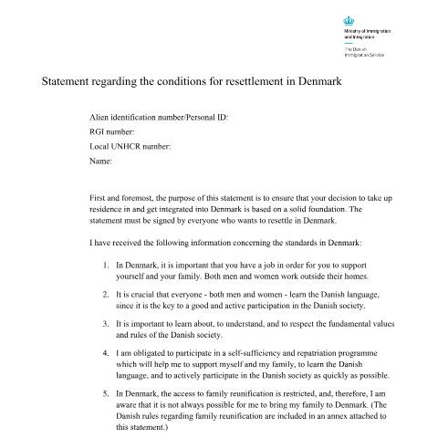 Document preview: Declaration regarding the conditions for resettlement in Denmark — Immigration Service / Application forms – The Danish Immigration Service, Danmark