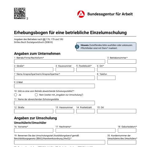 Dokumentvorschau: fbw-erhebungsbogen-betriebl-einzelumschulung-sgbiii_ba042049 — Öffnet in neuem Tab Erhebungsbogen betrieblicher Einzelumschulung (Förderung der beruflichen Weiterbildung) FbW Erhebungsbogen zur Prüfung einer Einzelumschulung pdf | 207.32 KB | barrierefrei — Familienkasse/fbw, Deutschland (CERFA n°fbw-erhebungsbogen-betriebl-einzelumschulung-sgbiii_ba042049)