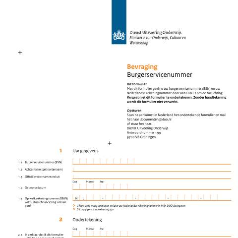Documentvoorvertoning: Bevraging burgerservicenummer — DUO — Formulieren studiefinanciering mbo, Nederland