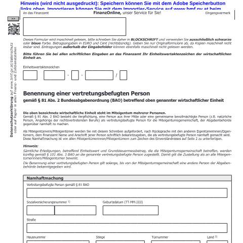 Dokumentvorschau: Bew1 — Benennung einer vertretungsbefugten Person gemäß § 81 Abs. 2 Bundesabgabenordnung (BAO) betreffend oben genannter wirtschaftlicher Einheit — Steuern, Österreich (CERFA n°Bew1)