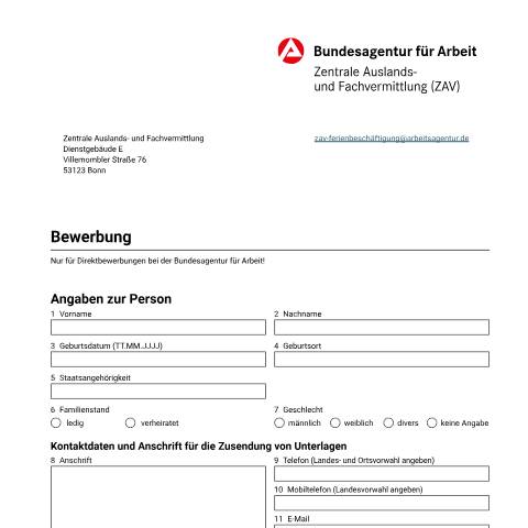 Dokumentvorschau: dok_ba037739 — Öffnet in neuem Tab Formular zur Bewerbung für Ferienbeschäftigung von ausländischen Studierenden Bewerbungsbogen für Direktbewerbungen über die Bundesagentur für Arbeit pdf | 162.74 KB | barrierefrei — Familienkasse/dok, Deutschland (CERFA n°dok_ba037739)