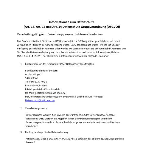 Dokumentvorschau: Bewerbungsprozess_Auswahlverfahren — BZSt/Informationen_zum_Datenschutz, Deutschland (CERFA n°Bewerbungsprozess_Auswahlverfahren)