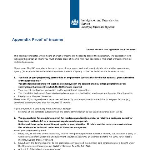 Documentvoorvertoning: Appendix Proof of income — IND — immigratie, Nederland (CERFA n°7611)