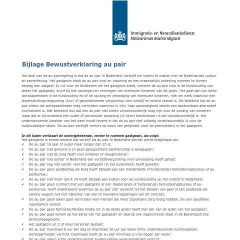 Documentvoorvertoning: Bijlage Bewustverklaring au pair — IND — immigratie, Nederland (CERFA n°7150)