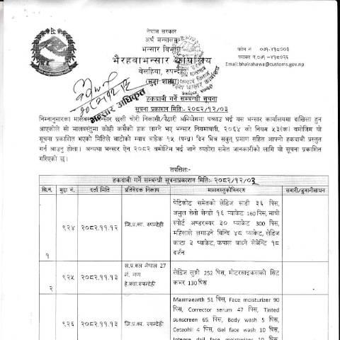 Document preview: भैरहवा भन्सार कार्यालयको मालसामान हकदावीको सूचना २०८२-१२-०३ — customs, नेपाल (CERFA n°भैरहवा भन्सार कार्यालयको मालसामान हकदावीको सूचना २०८२ १२ ०३ zegvygs)