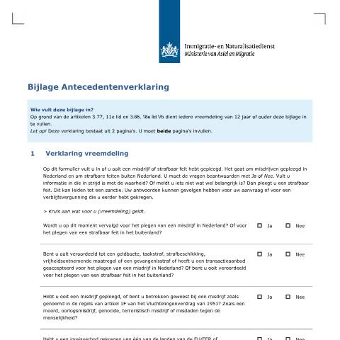 Documentvoorvertoning: Bijlage Antecedentenverklaring — IND — immigratie, Nederland (CERFA n°7101)