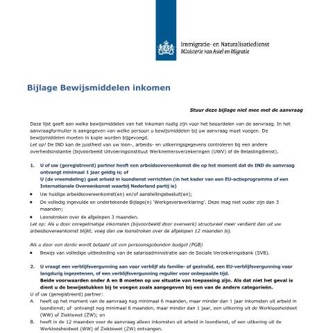 Documentvoorvertoning: Bijlage Bewijsmiddelen inkomen — IND — immigratie, Nederland (CERFA n°7111)