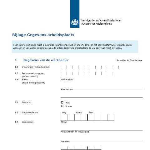 Documentvoorvertoning: Bijlage Gegevens arbeidsplaats — IND — immigratie, Nederland (CERFA n°7142)